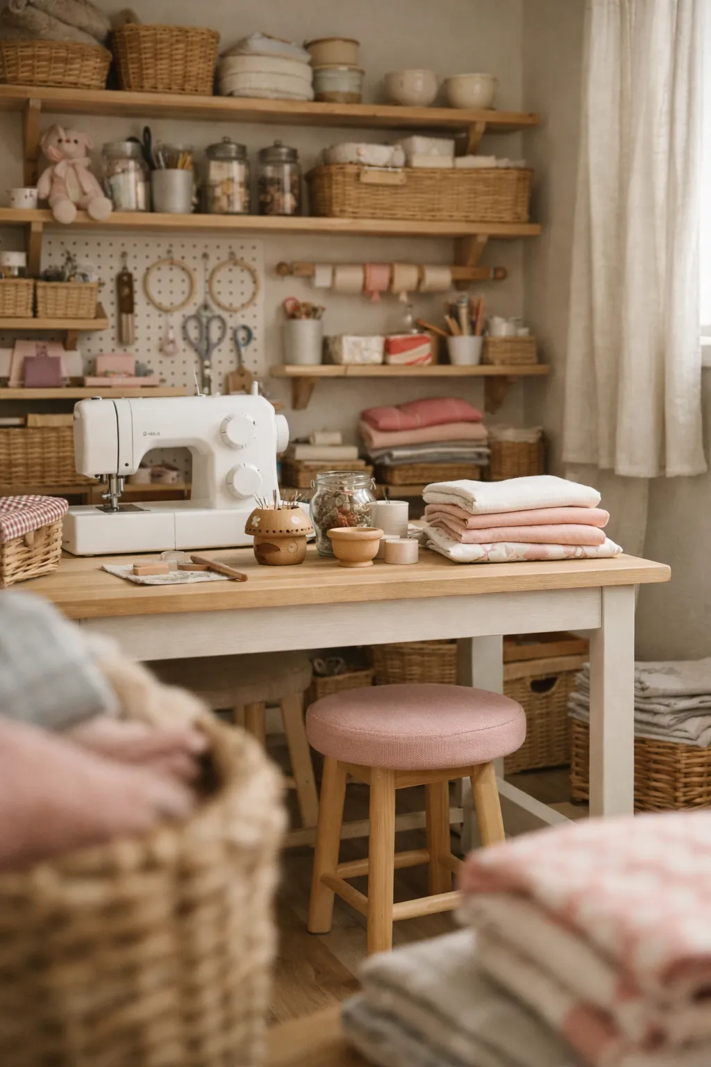 An Animal Crossing basement arranged as a sewing and craft room with tables, fabric details, and shelving.
