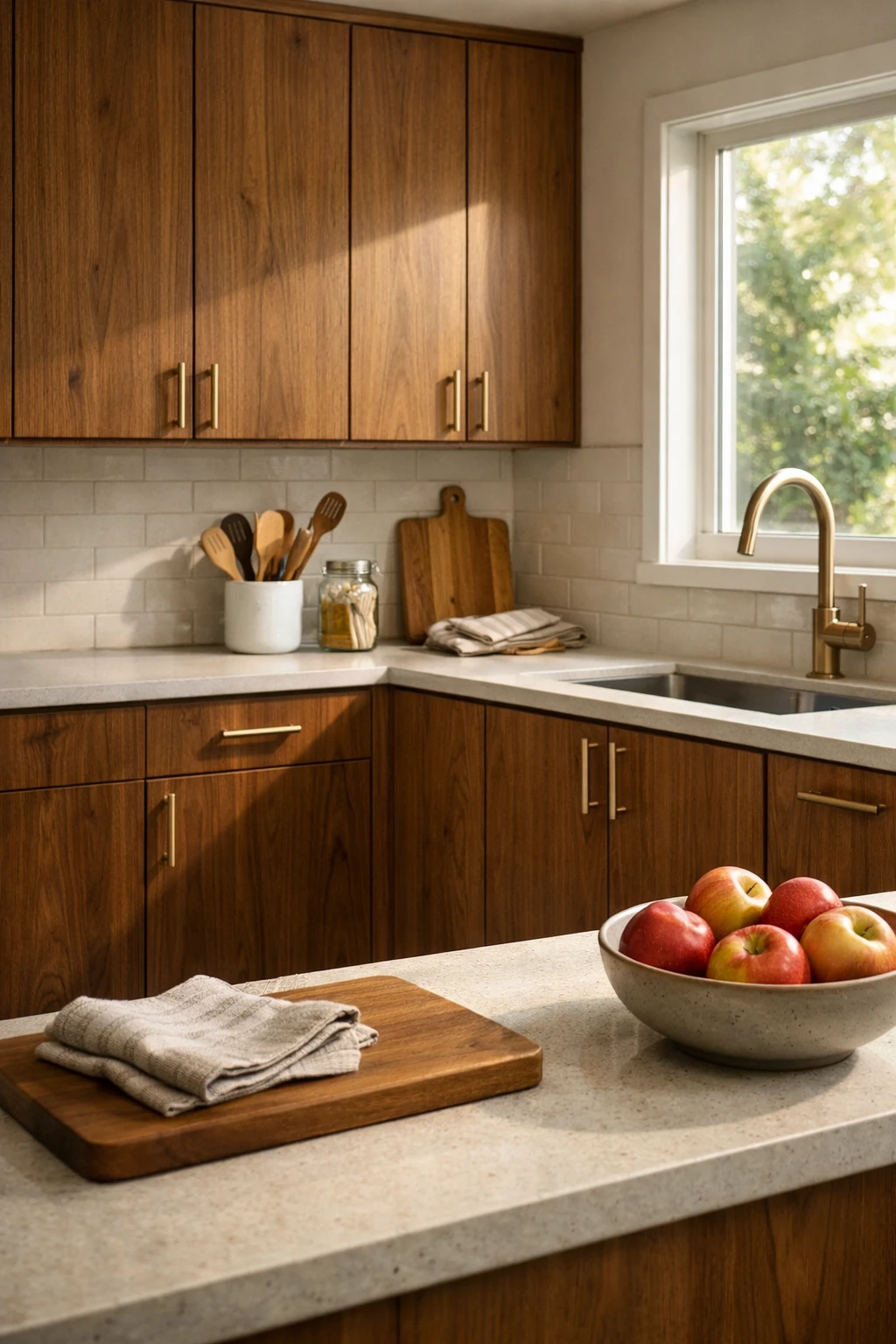 Mid century kitchen with flat slab wood cabinets and minimalist hardware