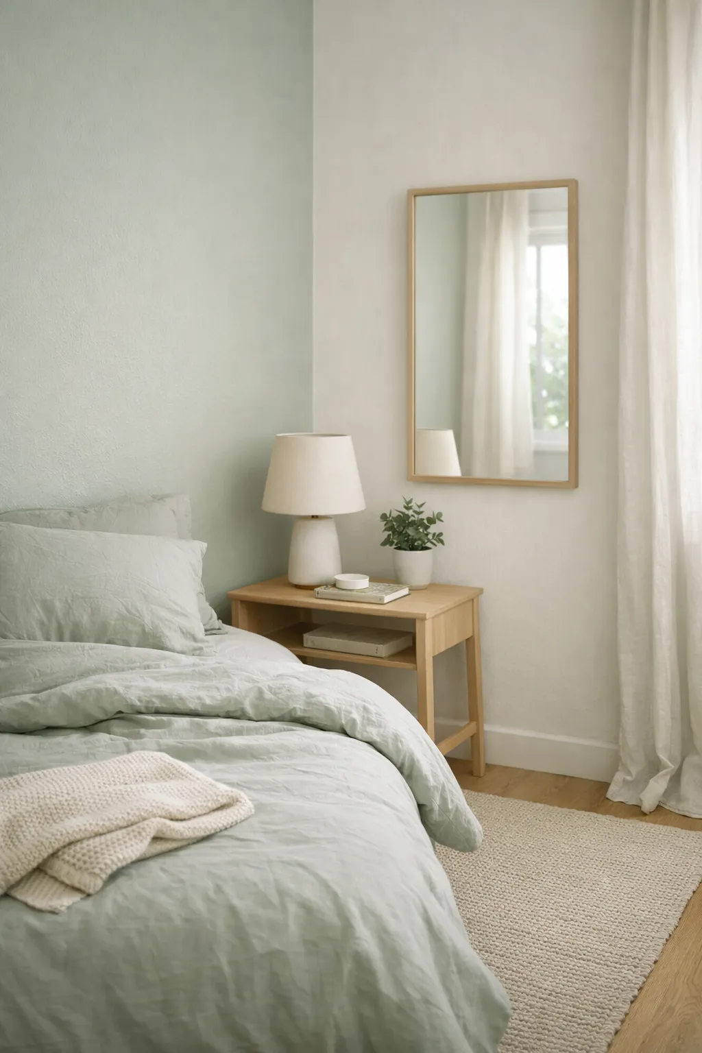 A small bedroom with light sage green decor, simple furniture, and bright natural light.
