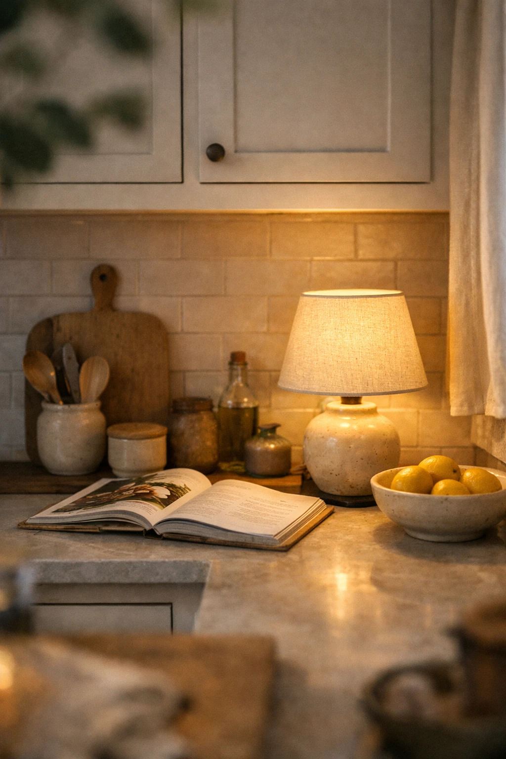 A small table lamp glowing softly in a cozy kitchen corner on the countertop.