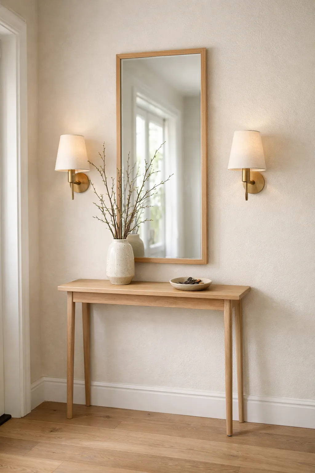 Slim entryway console table with tall mirror and minimal decor in a tight hallway.