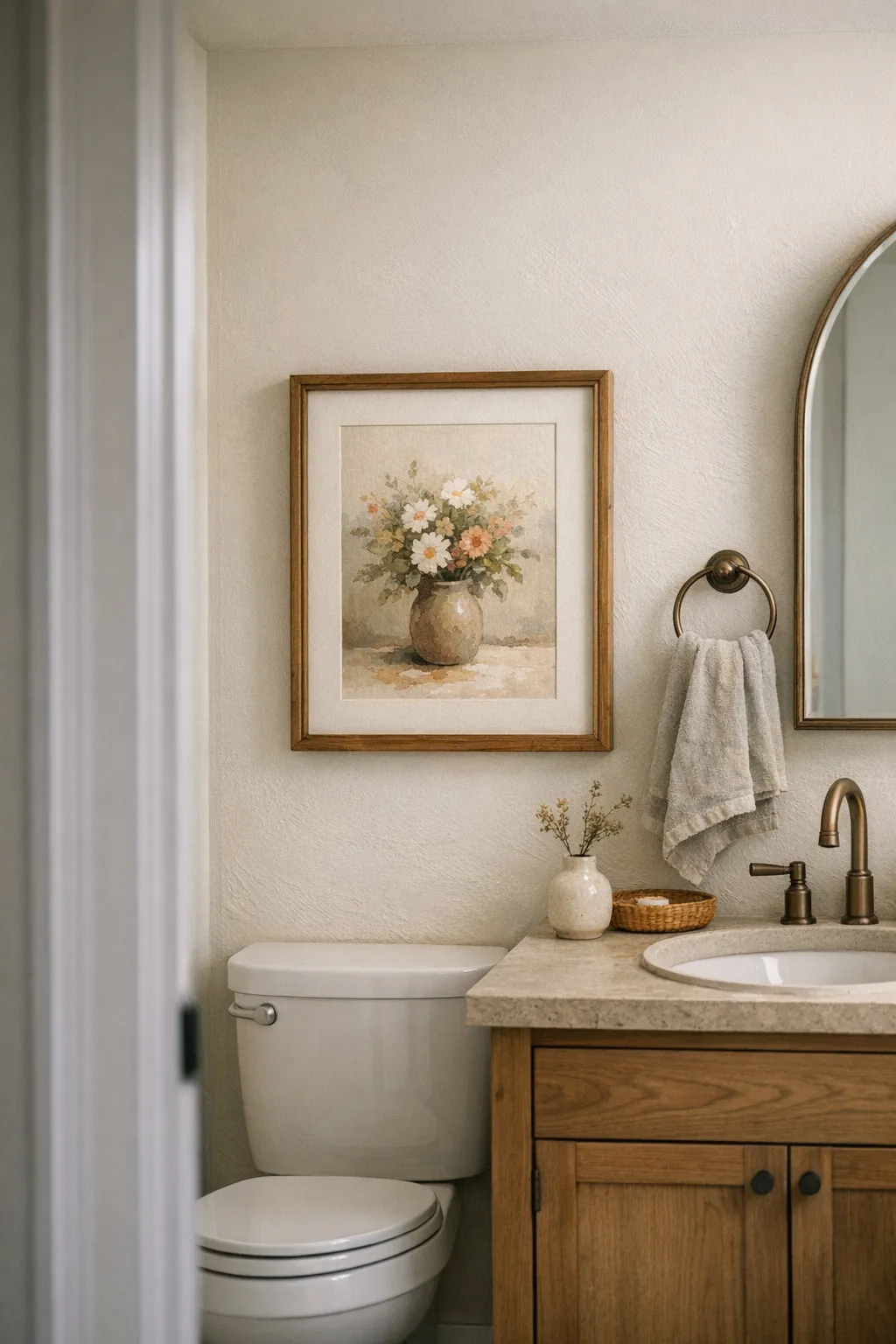 A small powder room decorated with framed art above the toilet and simple elegant styling.