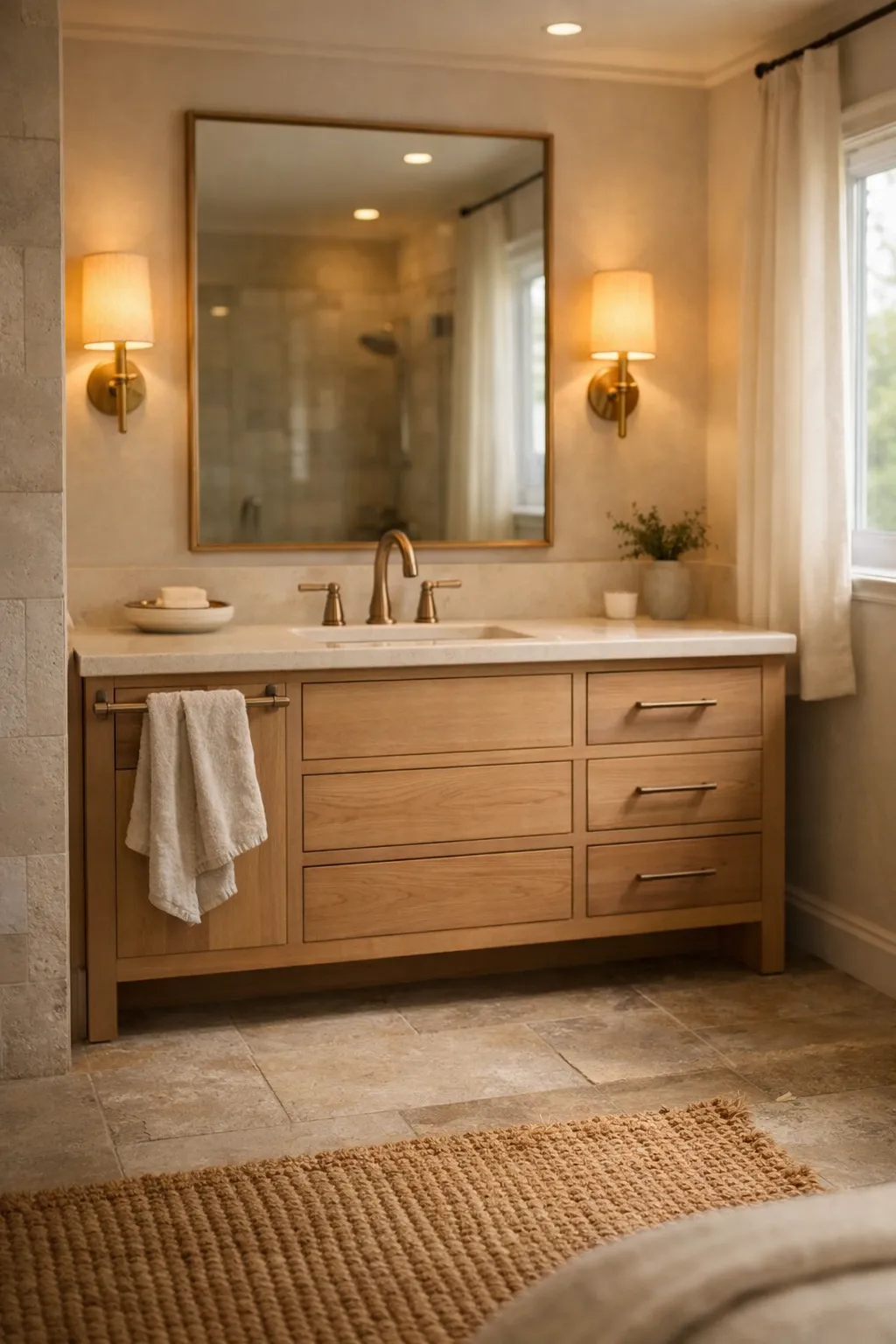 A bathroom with soft layered lighting around the vanity mirror.