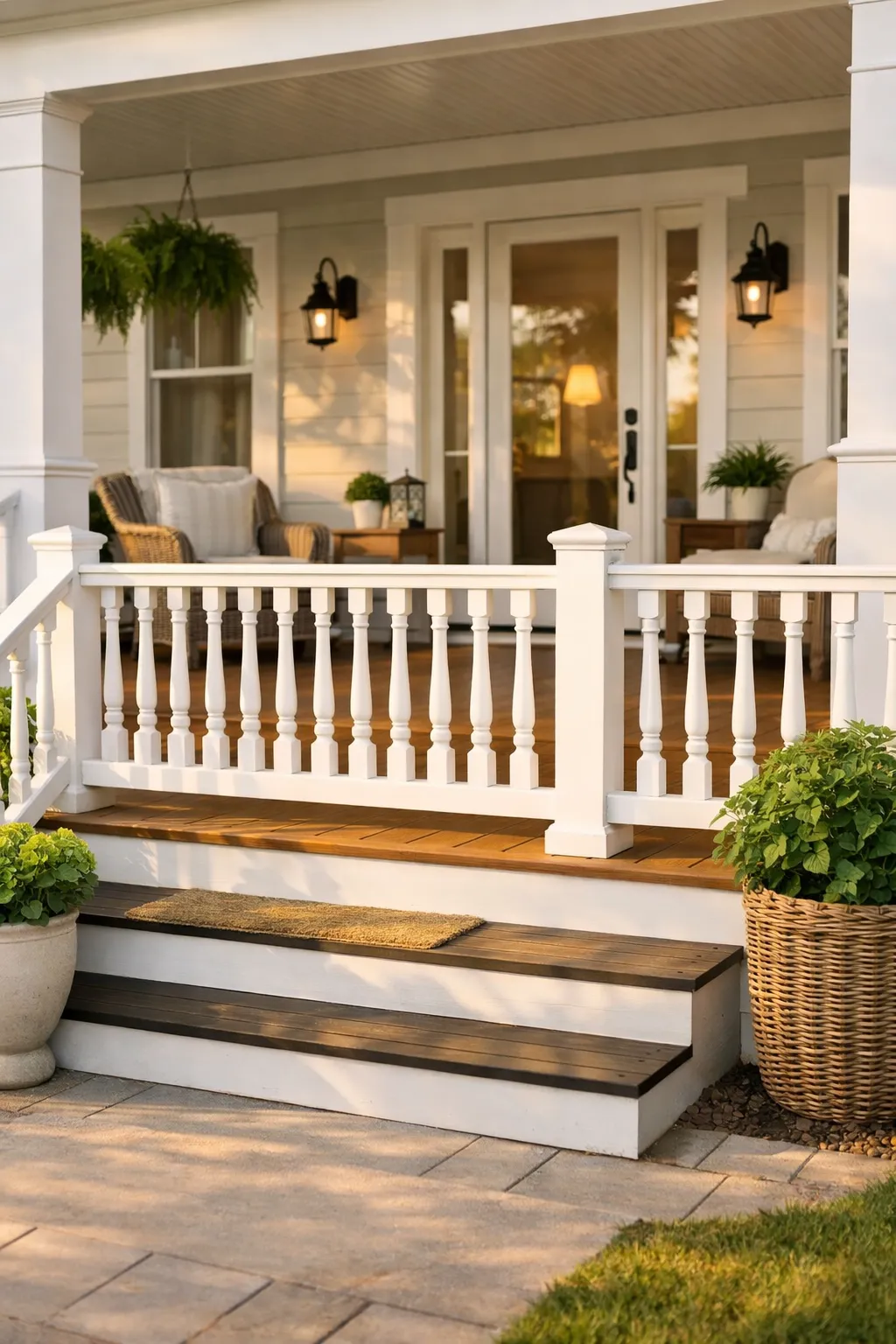 A double wide front porch with attractive railings that match the home’s exterior style and front steps.