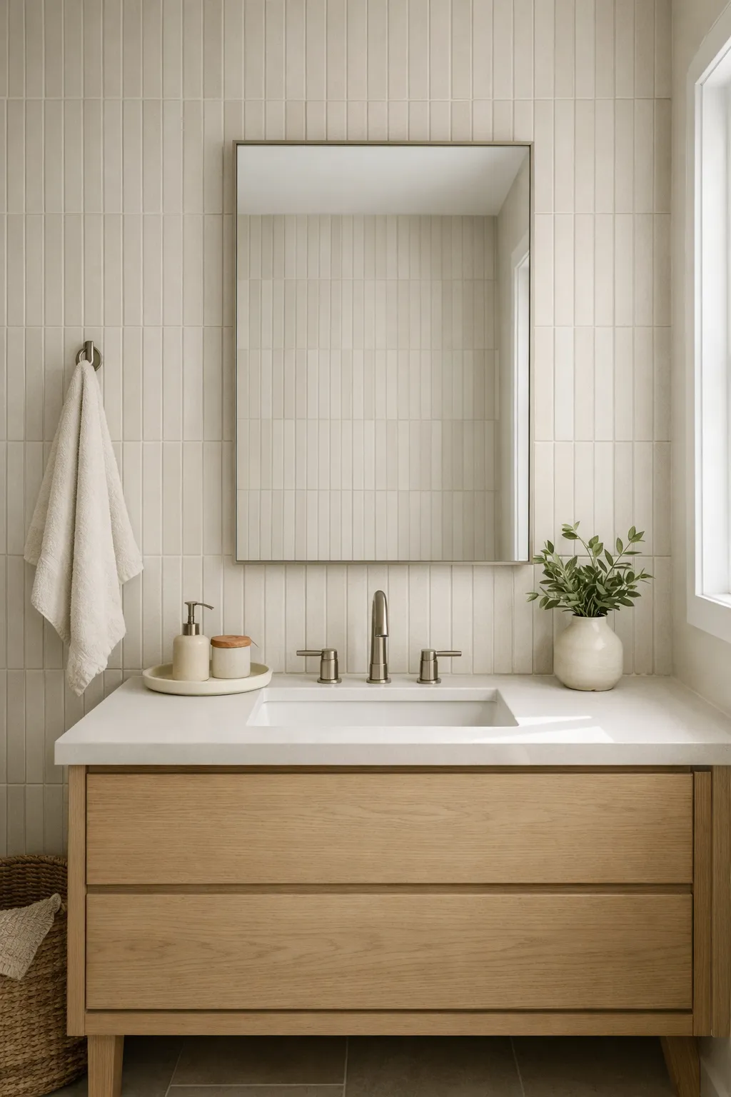 A modern bathroom with vertical neutral wall tile that adds height.