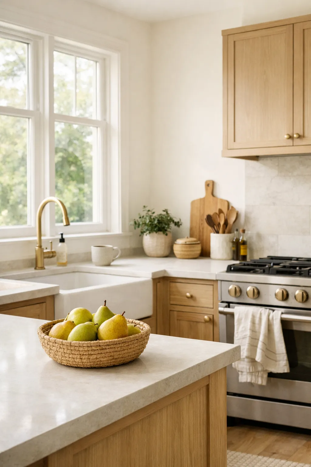 A bright kitchen painted in warm white with soft natural light, oak details, and a calm airy atmosphere.