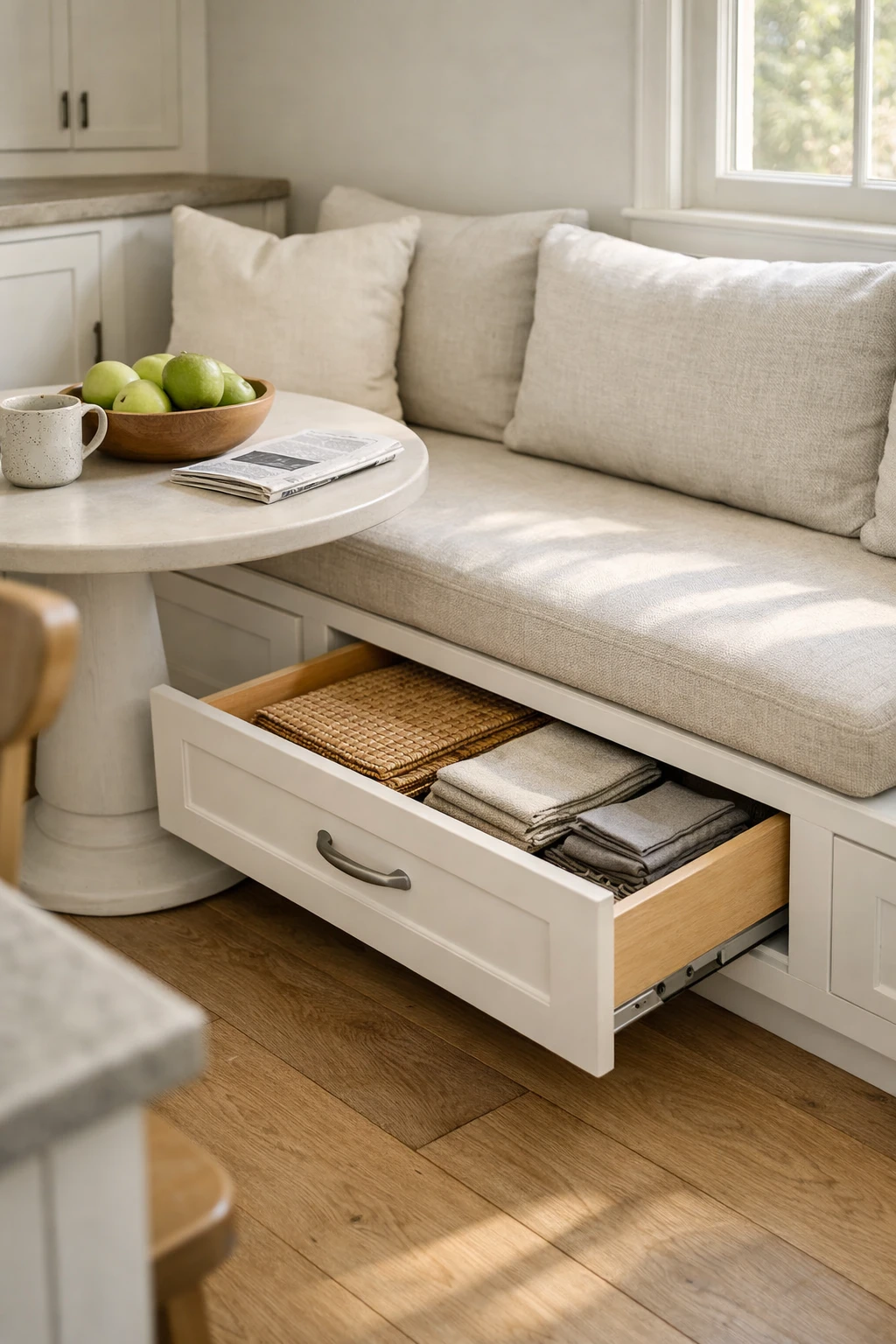 A kitchen banquette with practical storage drawers under the seat and a simple breakfast table.