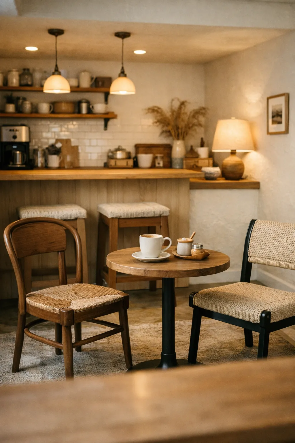 A charming Animal Crossing basement cafe corner with a counter, chairs, and warm inviting decor.