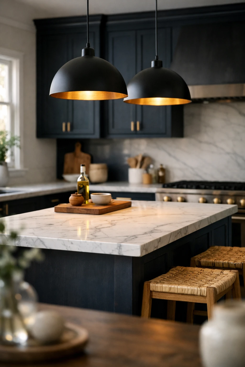 Black and gold pendant lights above navy kitchen island