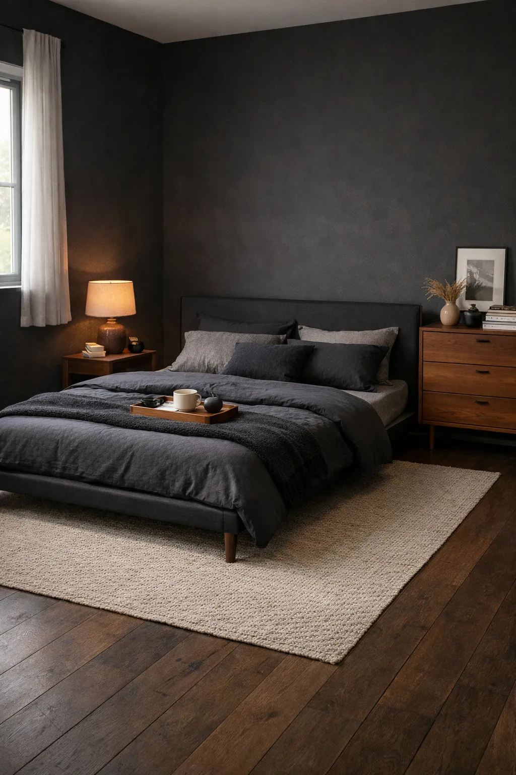 A moody black bedroom with slim furniture, open space, and balanced dark decor.