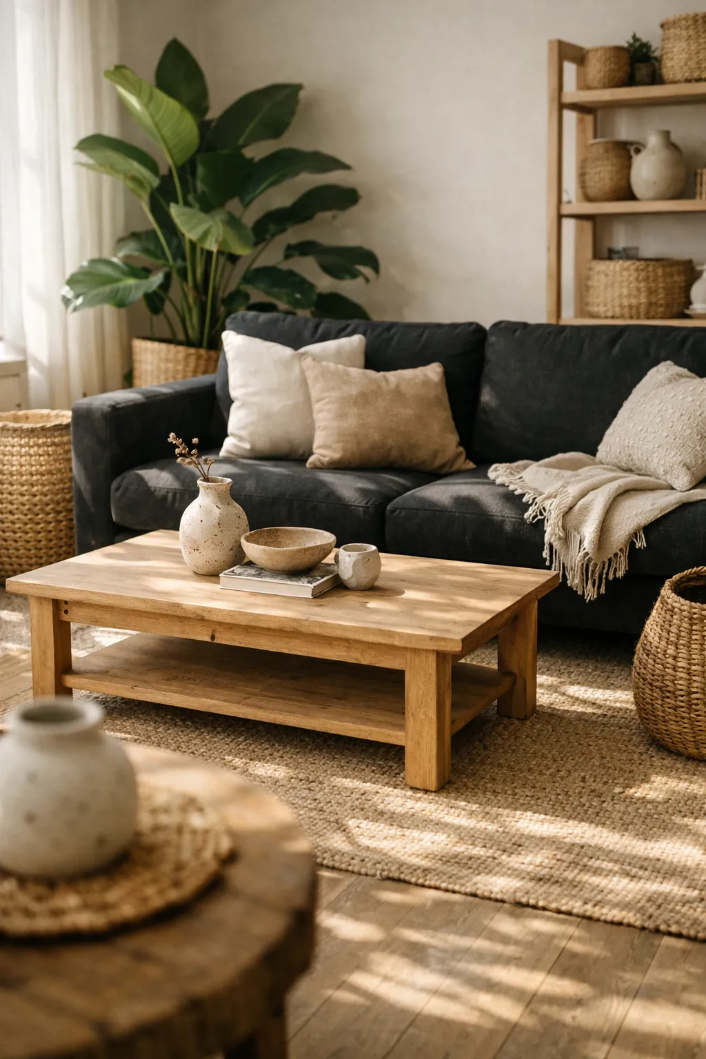 A black sofa living room with leafy plants, woven textures, light wood furniture, and natural decor.