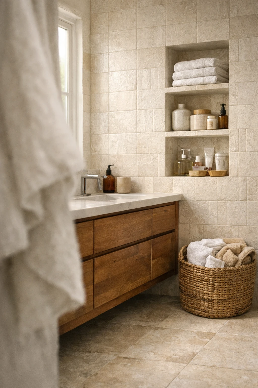 A bathroom with recessed wall shelves for storage.