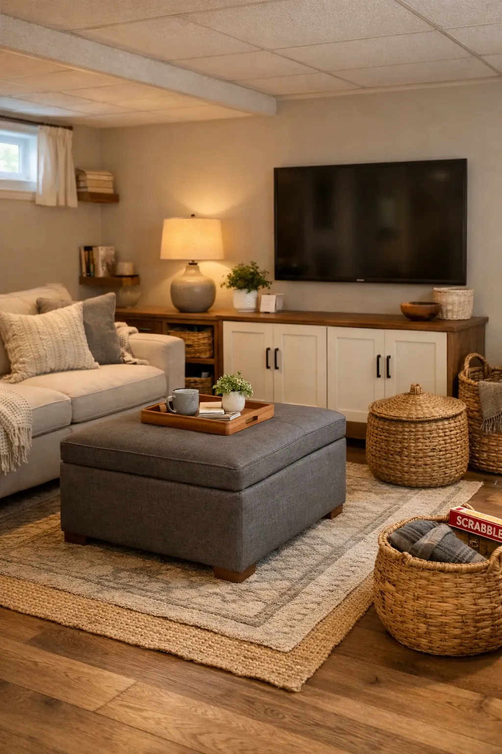 A basement family room with stylish closed storage cabinets, baskets, and clutter-free decor.