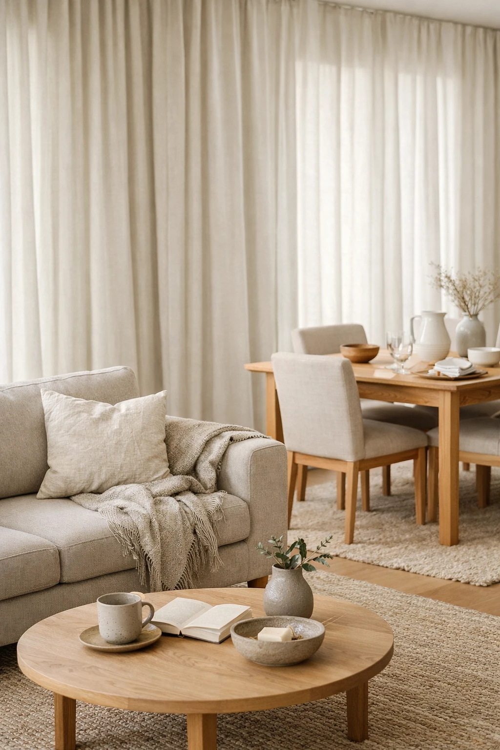 A connected living-dining room with matching floor-length curtains in a soft neutral fabric.