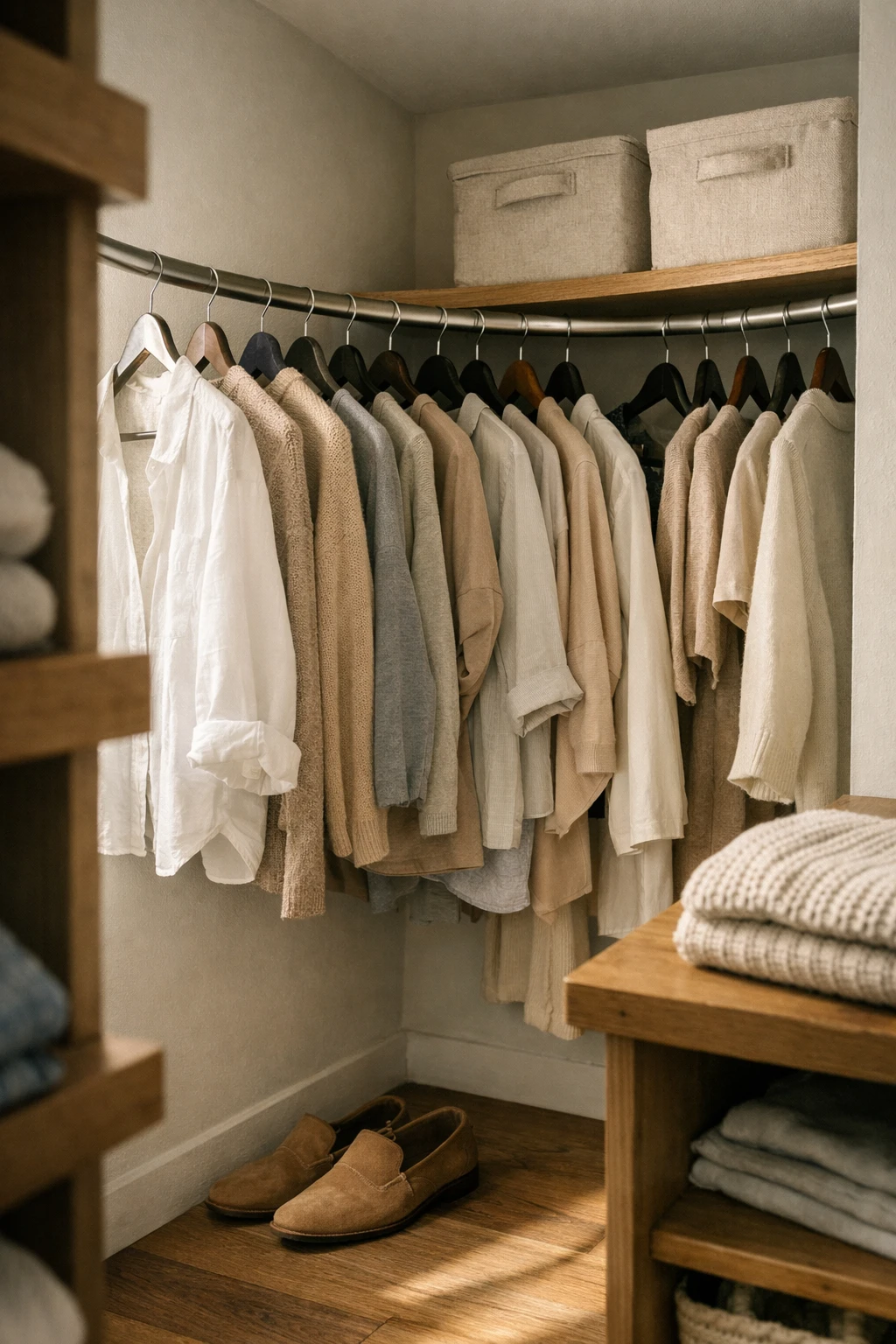 A small walk-in corner closet with a curved hanging rod connecting two walls and neatly arranged clothing.