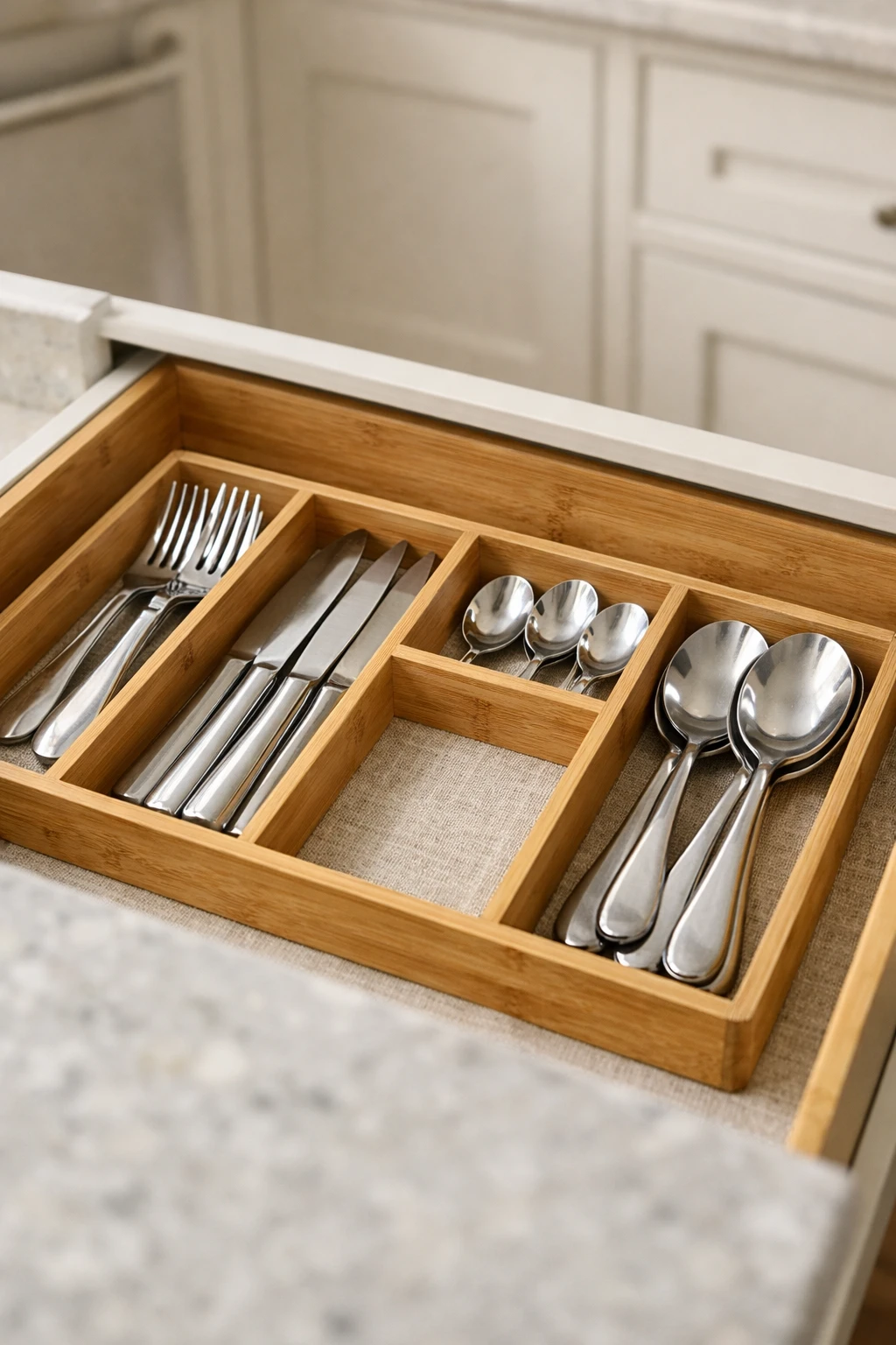 Kitchen drawer with forks, knives, and spoons neatly arranged in cutlery compartments.