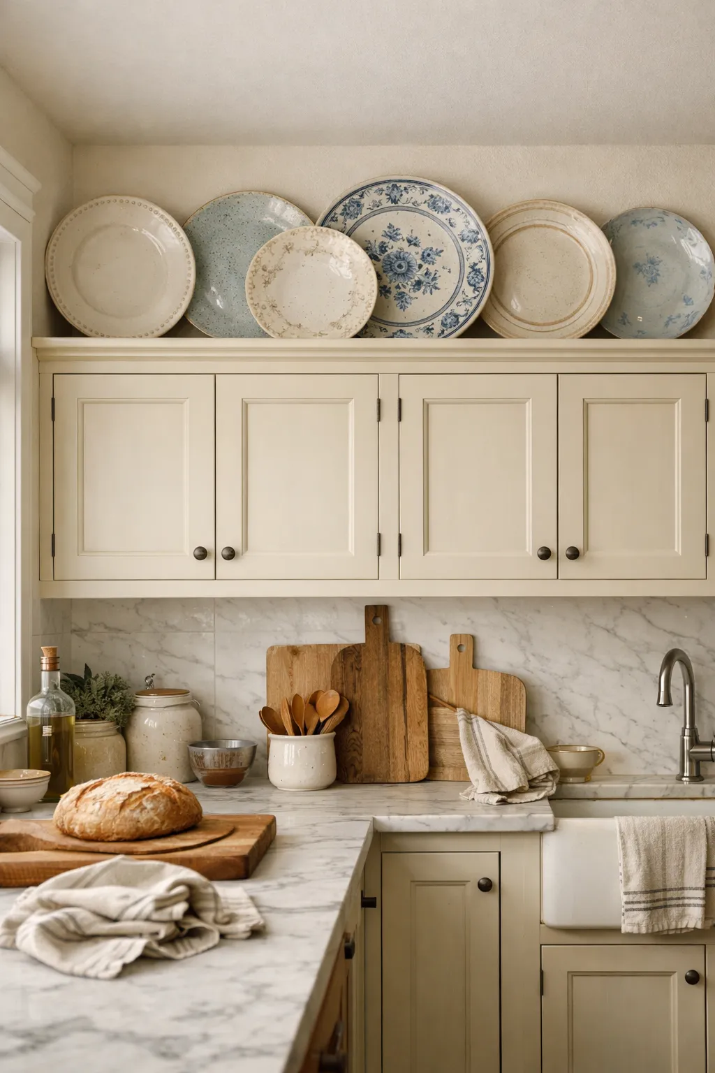 Decorative ceramic plates leaning above kitchen cabinets for classic kitchen styling.
