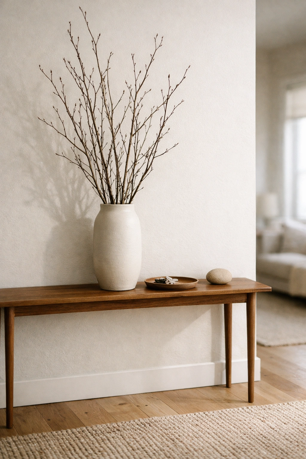 A home entrance with a tall vase filled with branches on a console table.