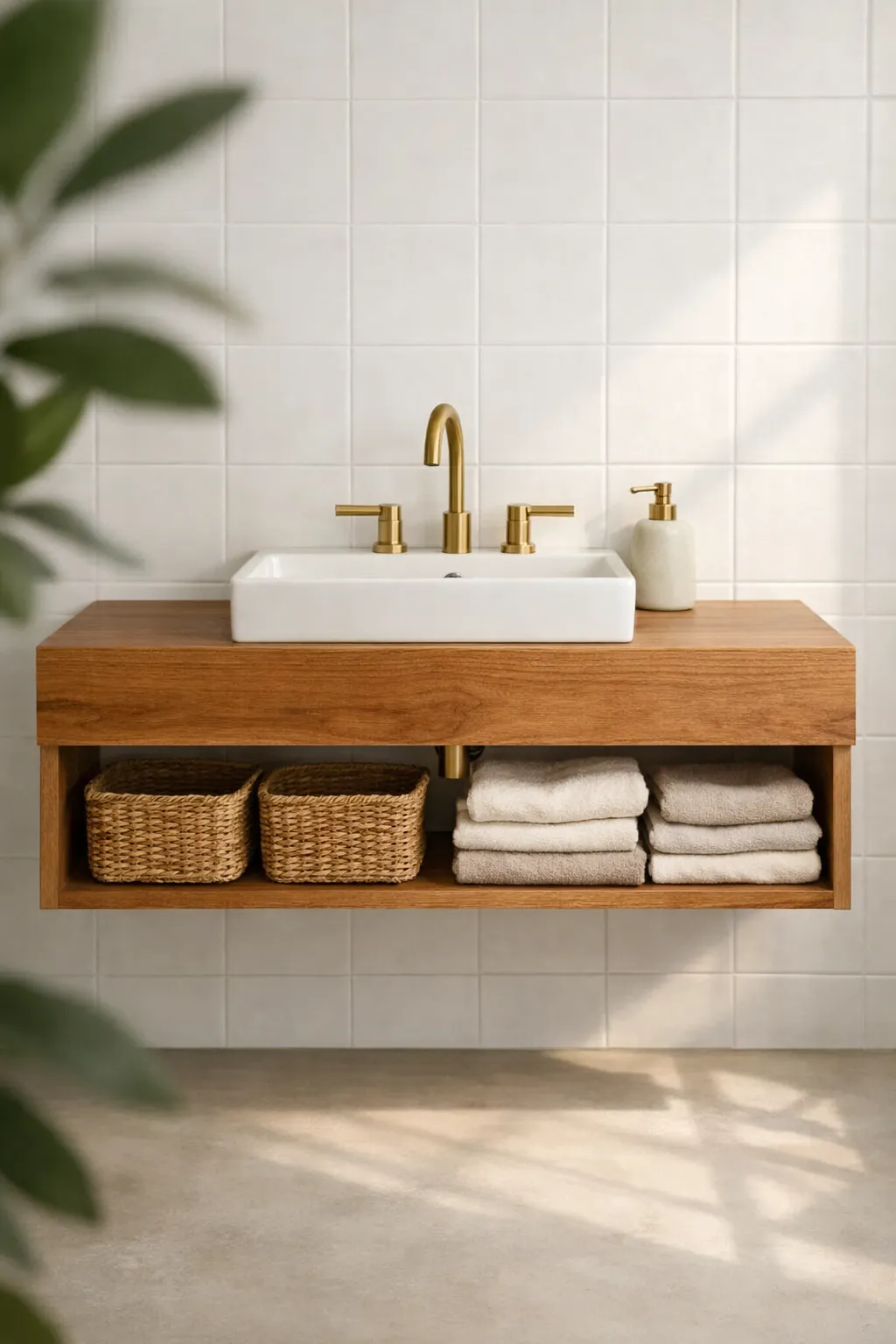 Modern floating vanity with baskets and towels stored underneath.