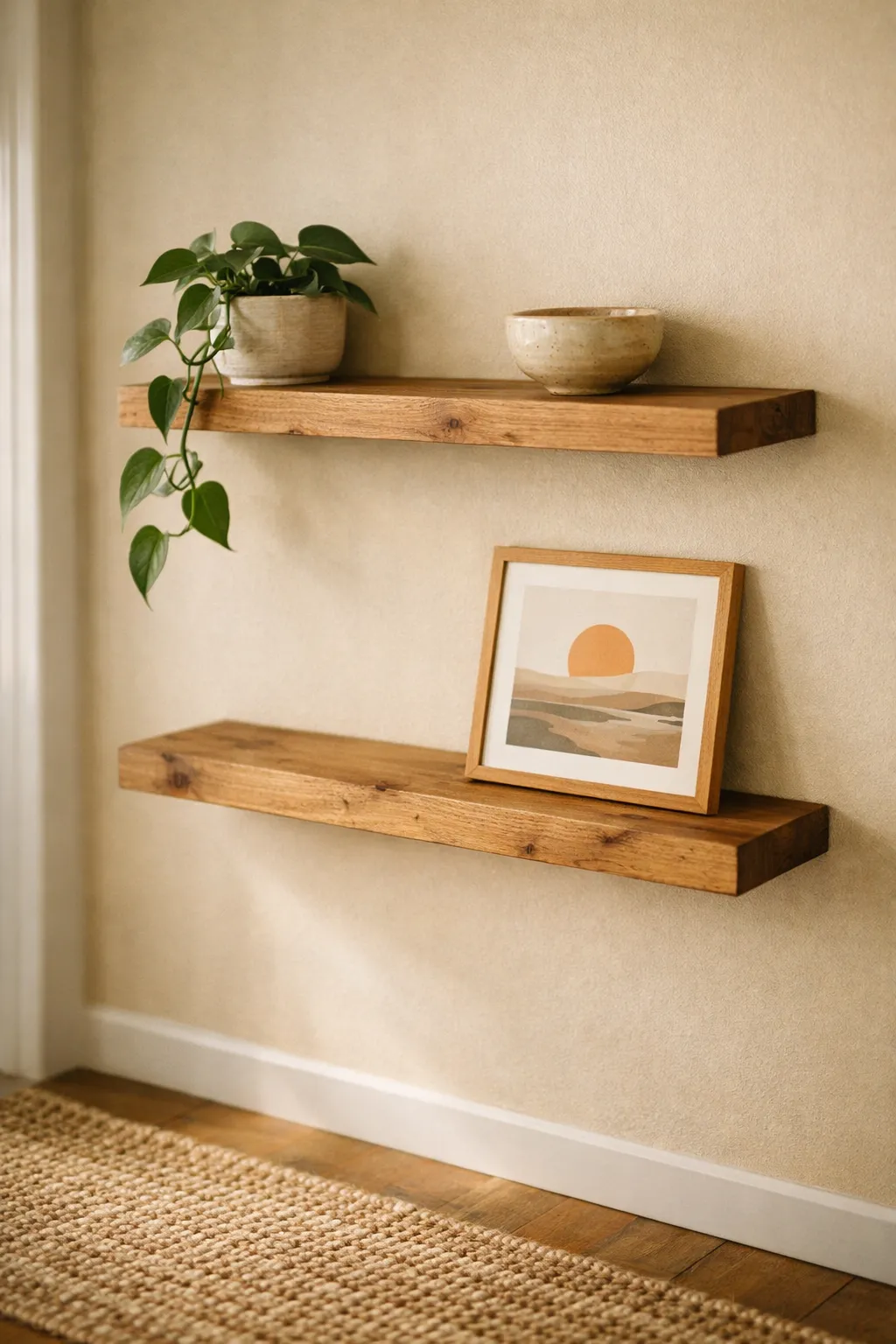 Slim wooden floating shelves with pottery and plants in bohemian hallway.