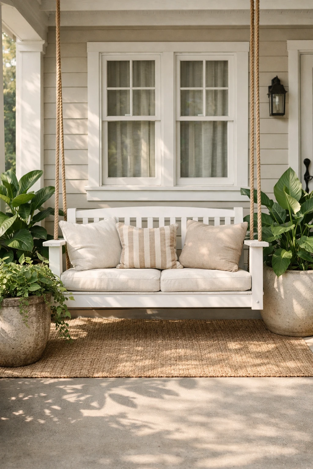 A front porch swing framed with large planters and green foliage for a balanced entry design.