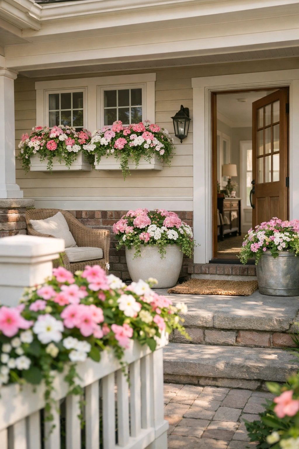 Window boxes filled with flowers connect beautifully with the styling of a front porch.