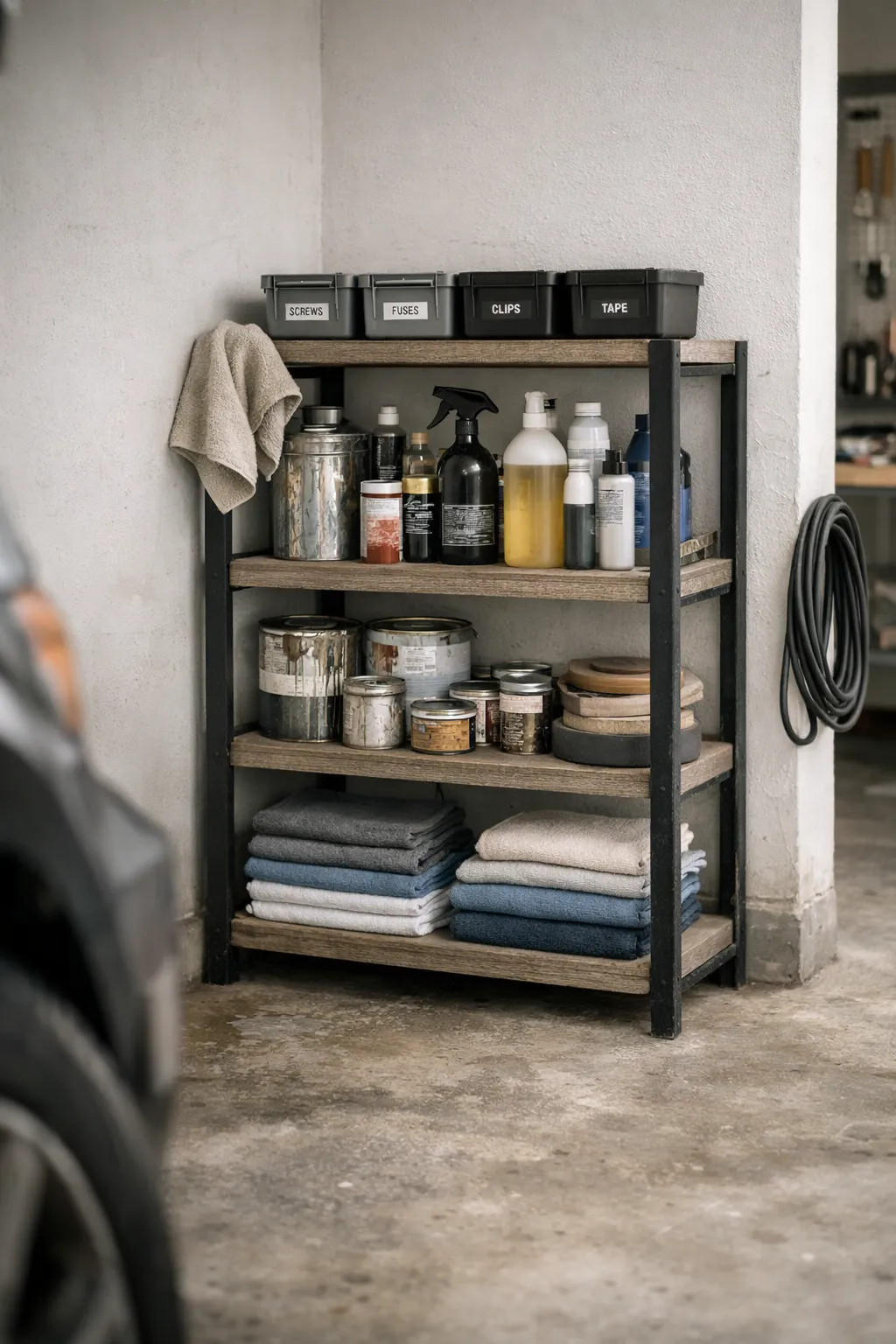 A compact garage corner with shelving and small bins used for organized storage.