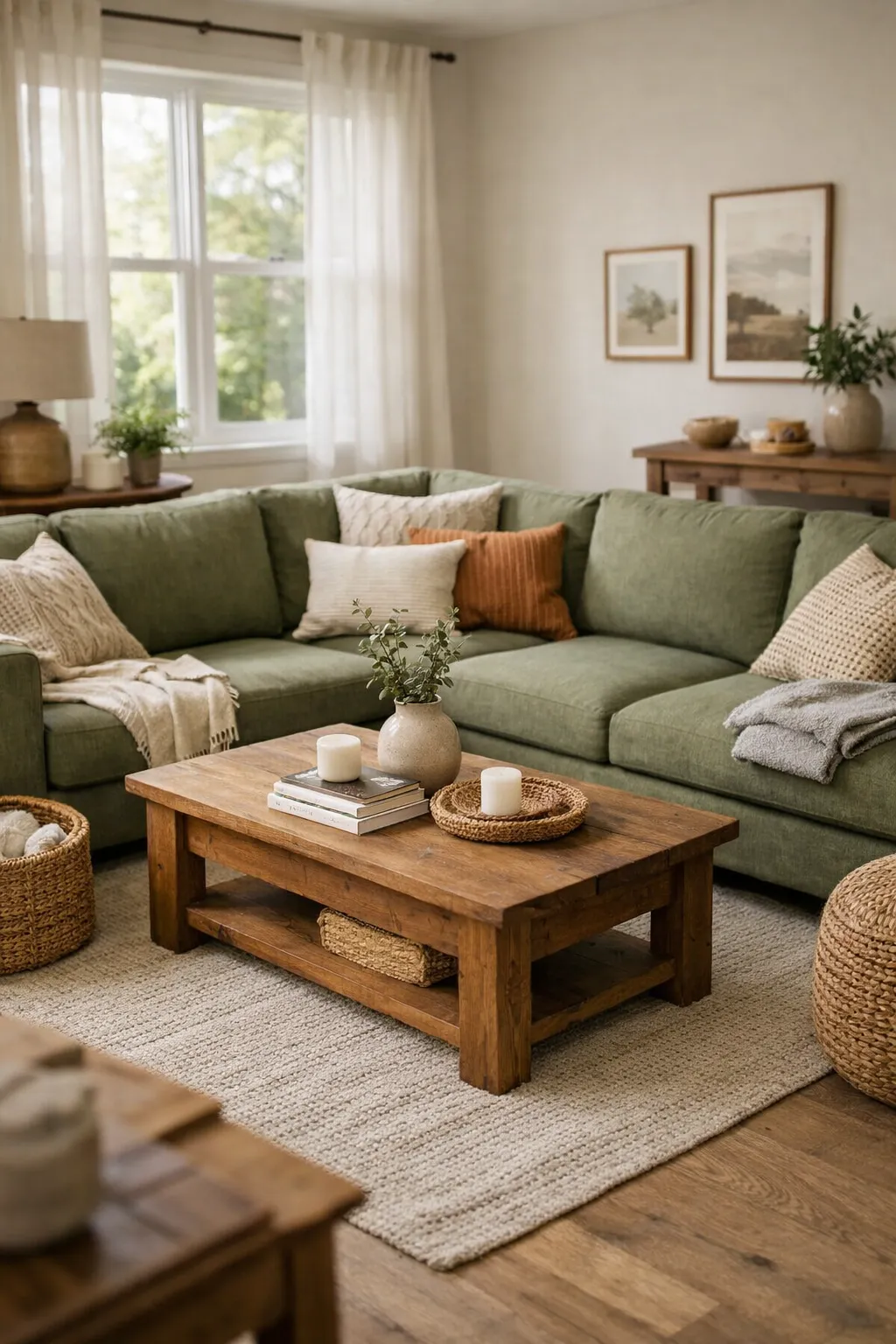 Family living room with a large green sectional sofa.