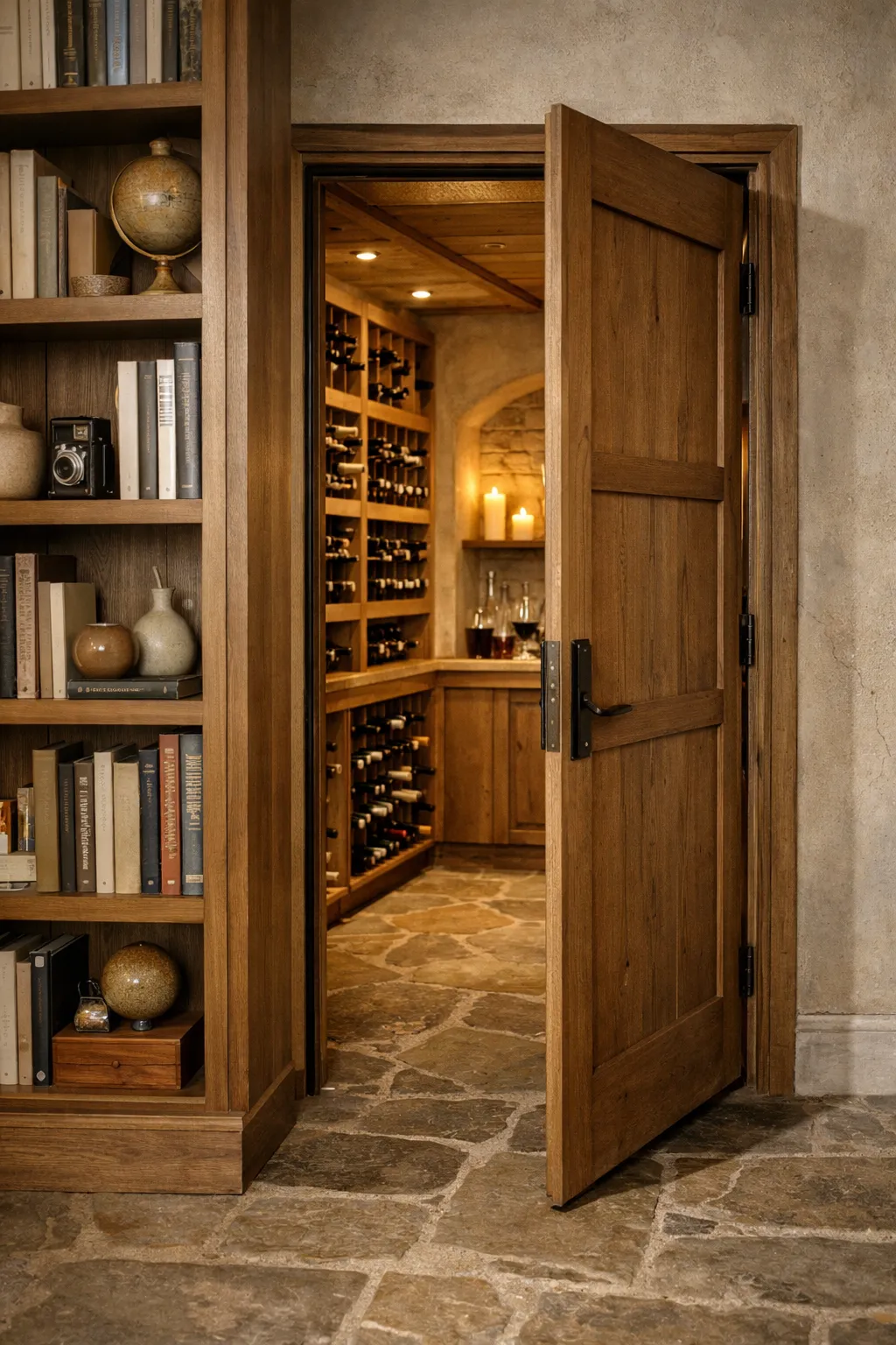 Secret wine cellar hidden behind a bookshelf door in a basement.