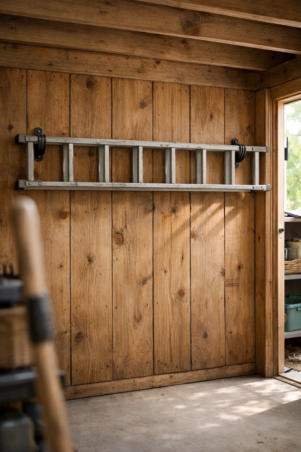 Ladder mounted horizontally on high wall hooks inside backyard shed.