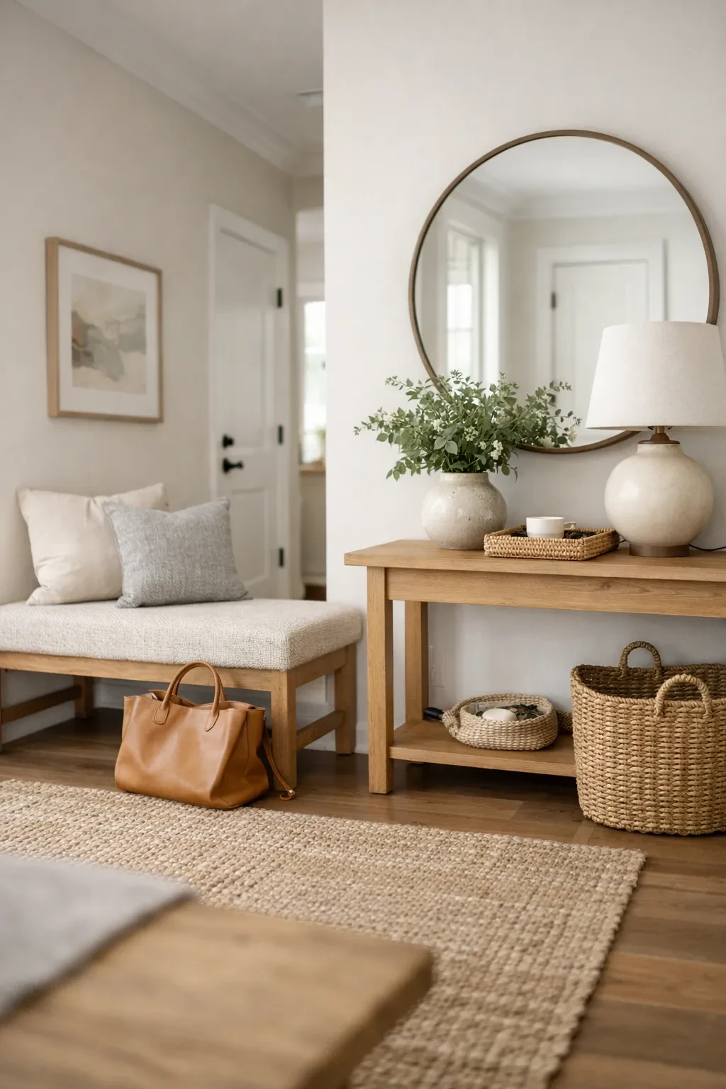 A spacious front entryway with a bench, console table, mirror, and layered neutral decor.