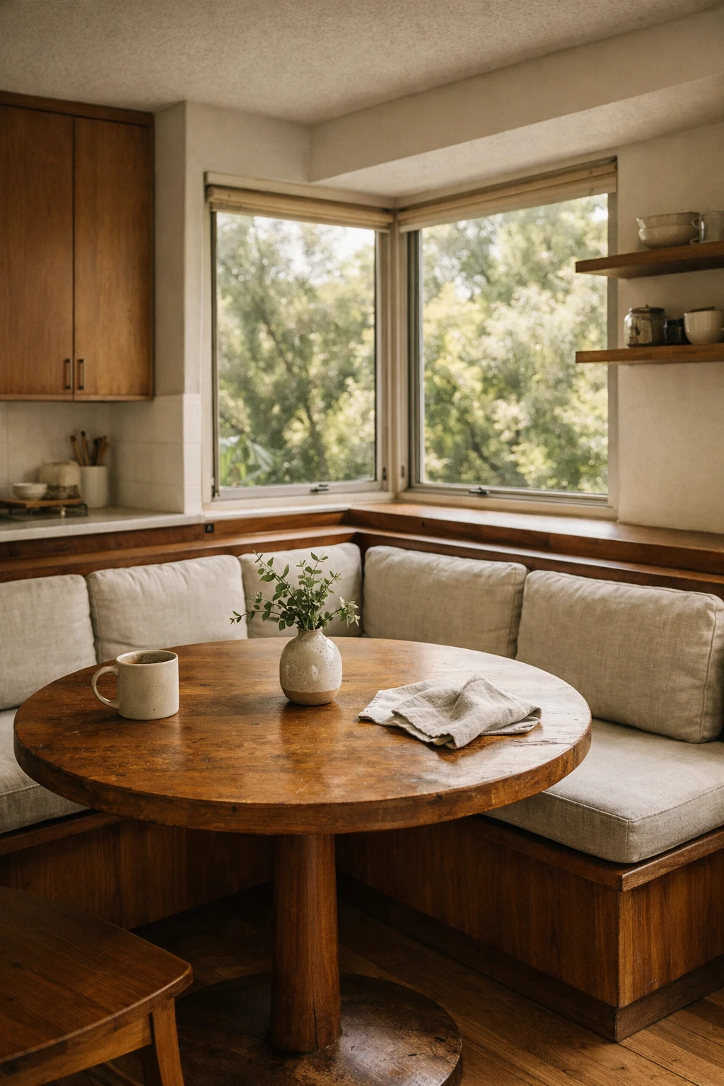 Mid century kitchen with built in bench breakfast nook and round table