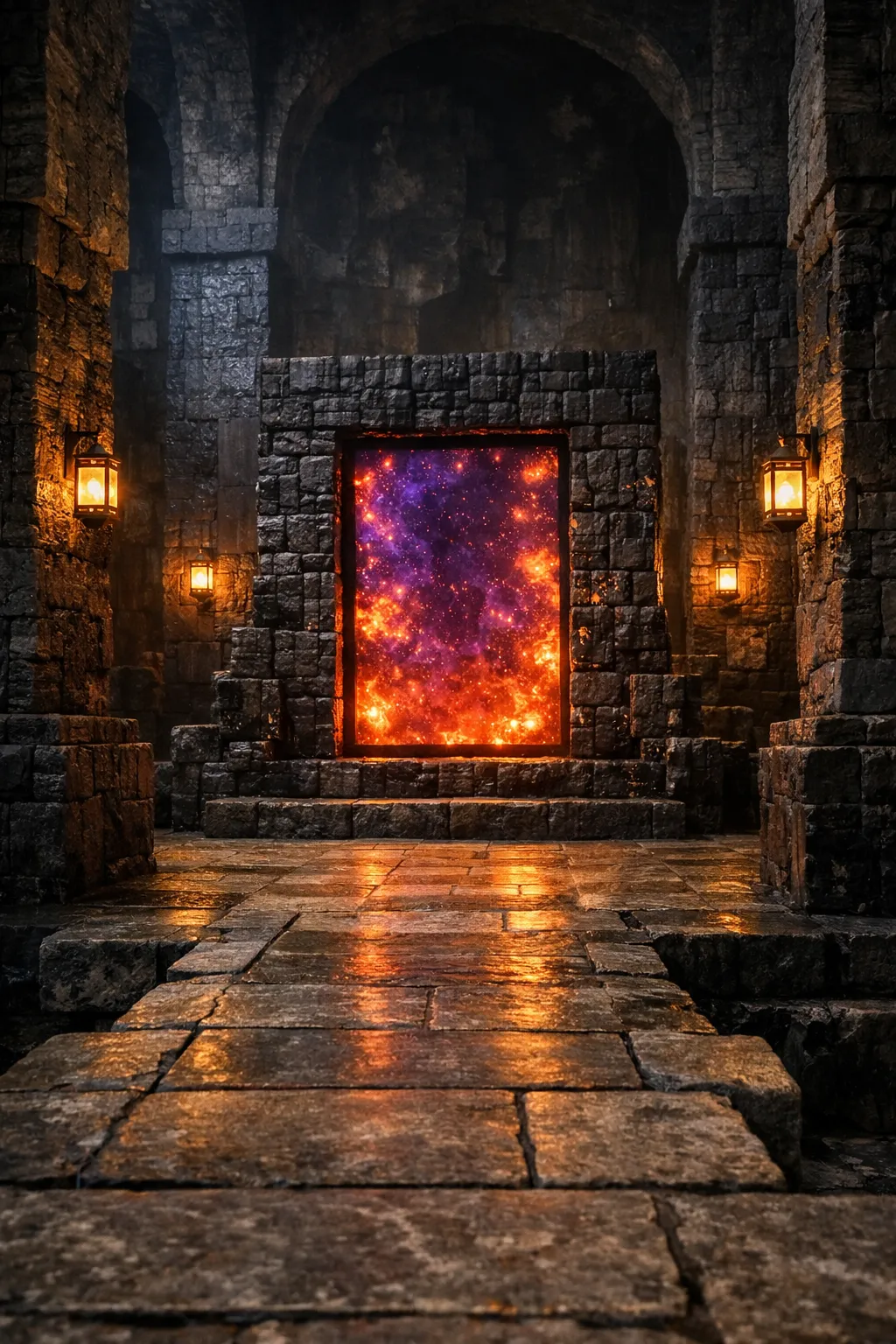 dramatic underground Minecraft nether portal room with blackstone walls