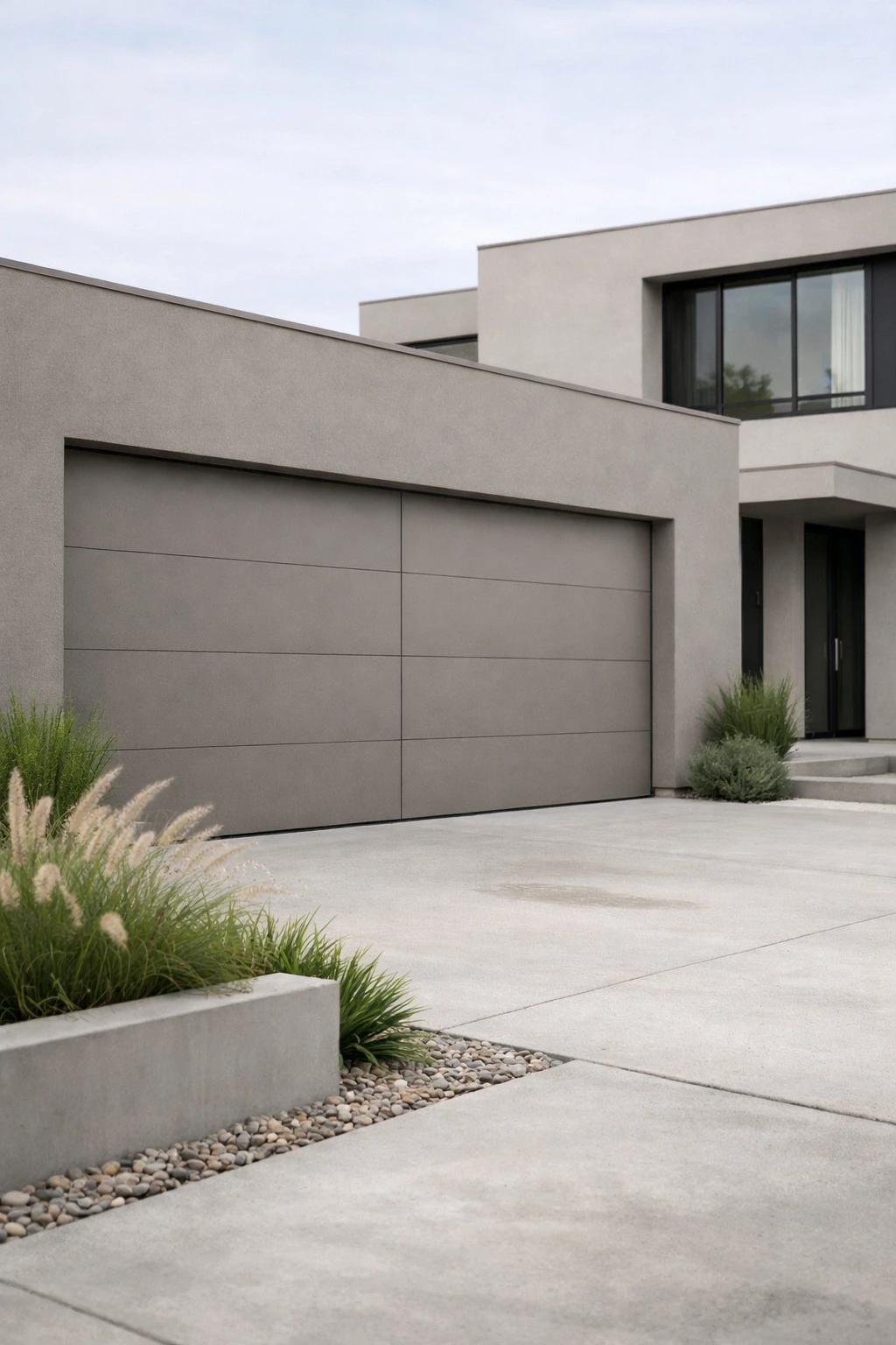 A minimalist home exterior with smooth flush panel garage doors in a soft gray finish.