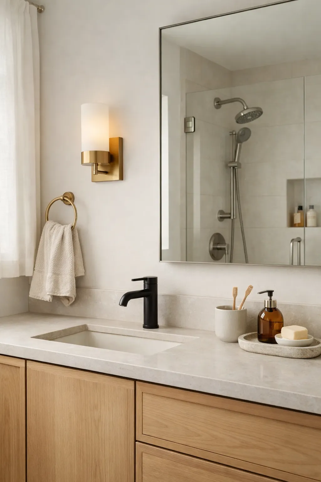 A modern neutral bathroom with mixed metal accents and a controlled palette.