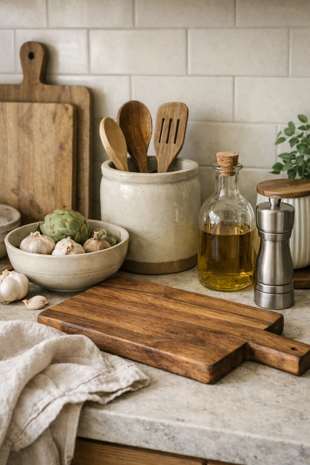 A styled kitchen counter with wood, ceramic, glass, and metal accents arranged in a balanced way.