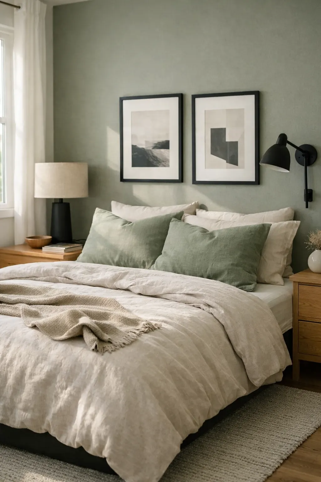 A sage green bedroom with black sconces, black frames, and soft neutral bedding.
