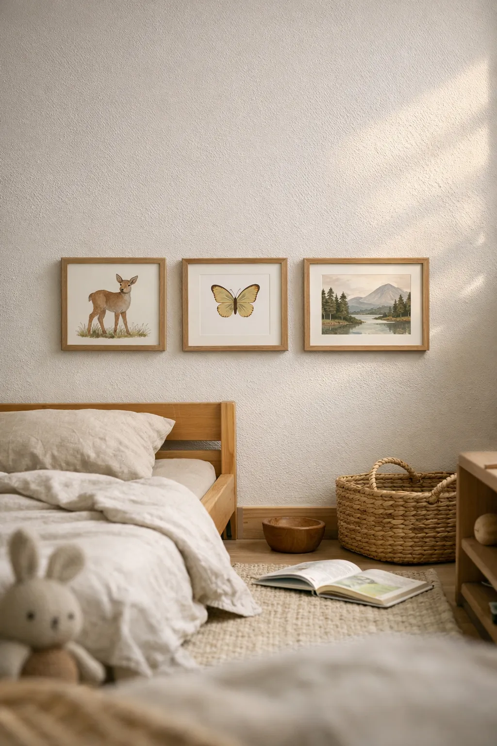 A Montessori bedroom with low-hung art prints, simple wall decor, and a calm child-centered layout.