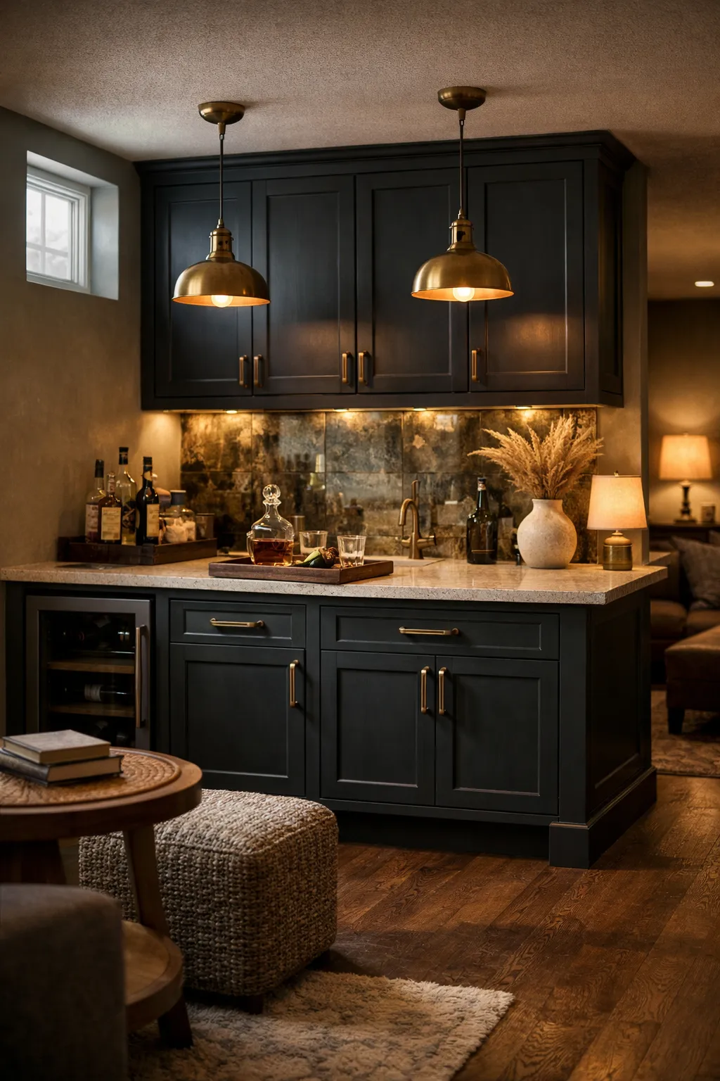 A moody basement kitchenette with deep-colored cabinets, warm lighting, and rich textures.