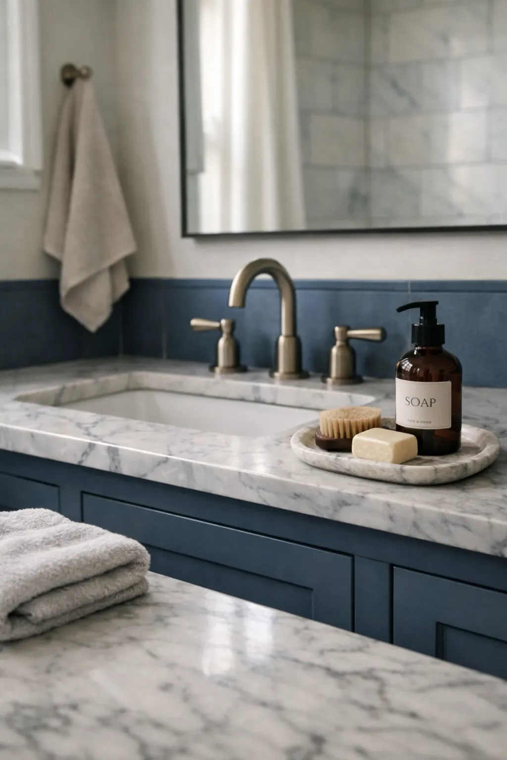 A moody blue bathroom with marble countertop and natural stone details under soft light.