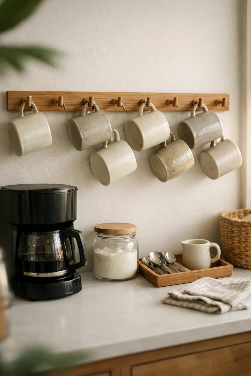 A coffee bar with a wall-mounted mug display using hooks above a styled countertop station.