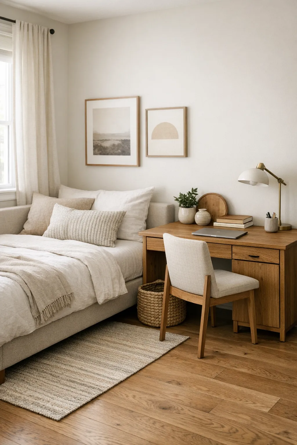 A guest bedroom combined with a home office featuring a daybed, desk, closed storage, and soft neutral decor.