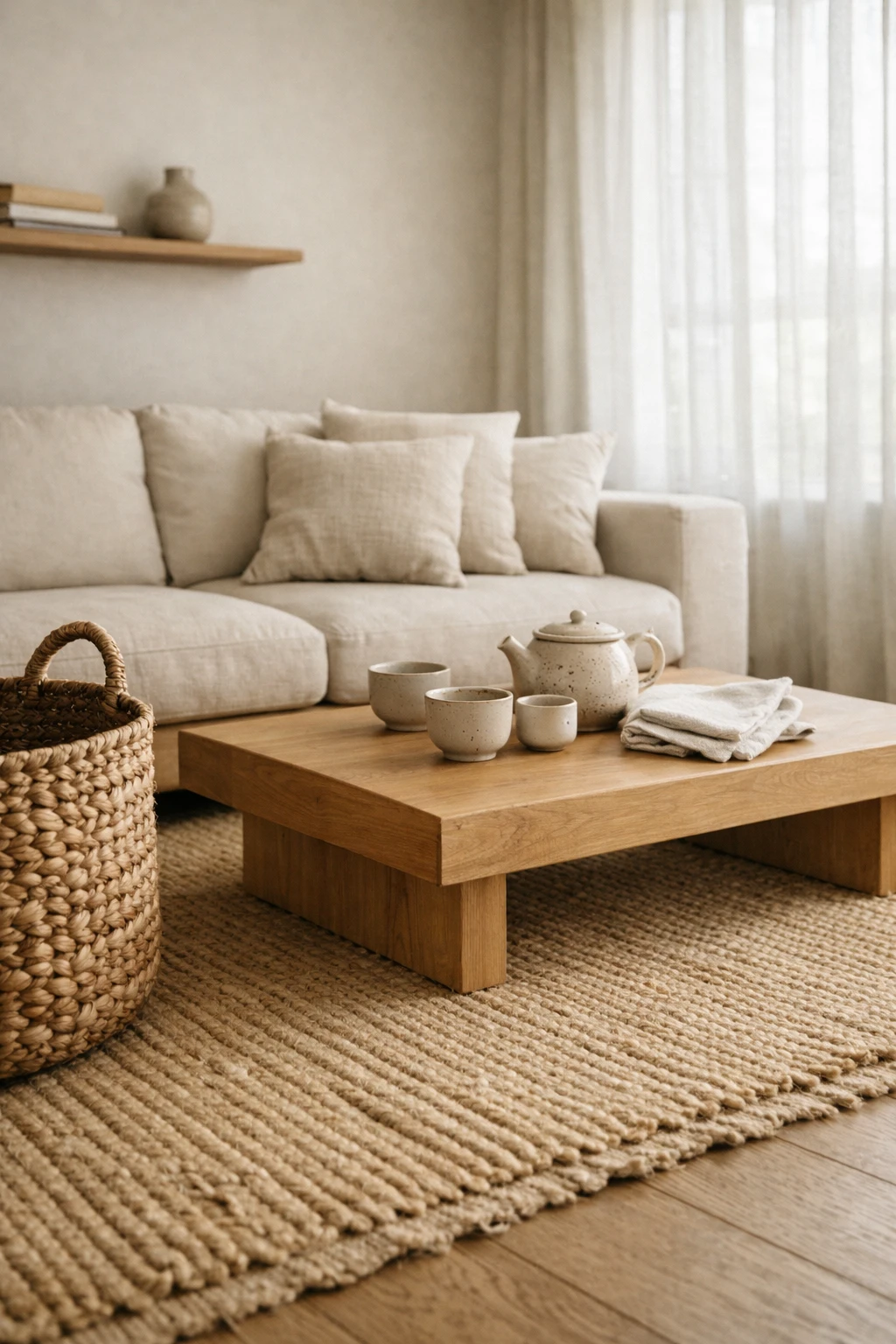 Japandi living room layered with linen cushions, woven rugs, and wooden furniture.
