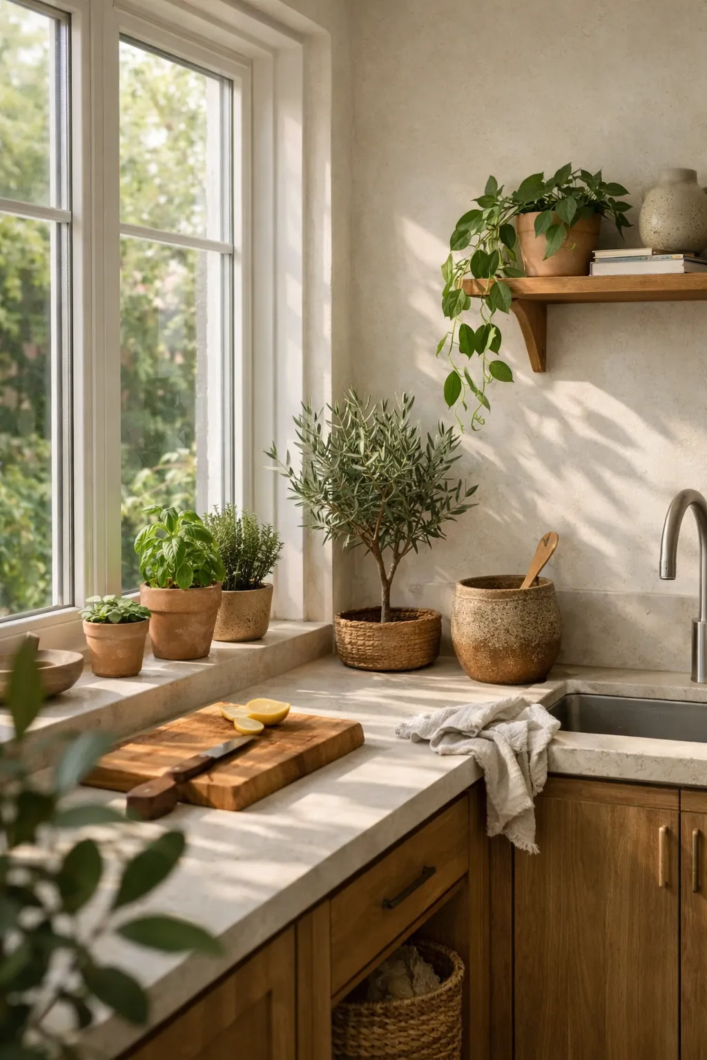 A bright kitchen with herbs, small indoor plants, wood finishes, and soft daylight streaming through large windows.