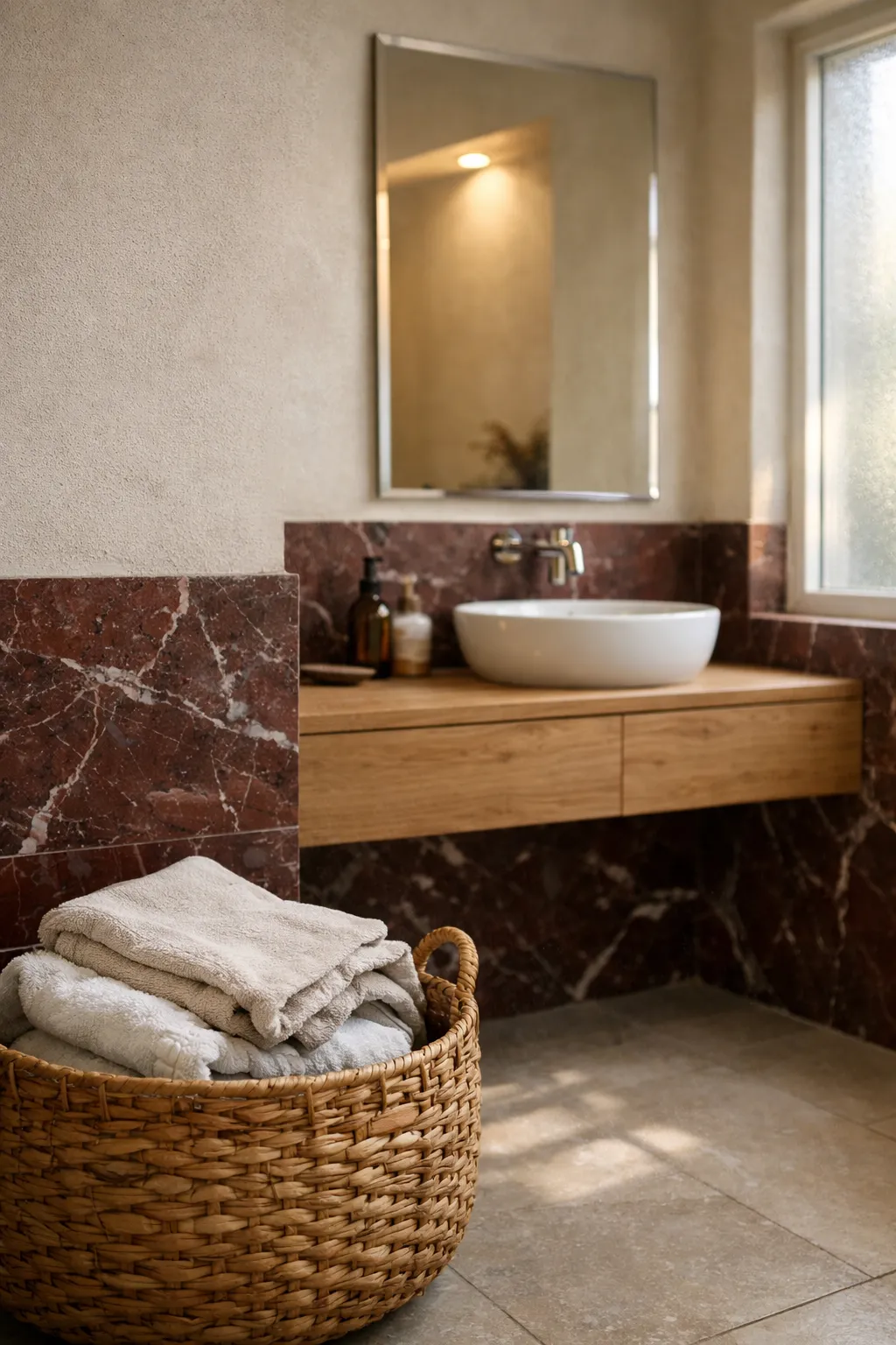 Bathroom interior with a red marble half wall panel paired with light plaster walls and a neutral vanity.