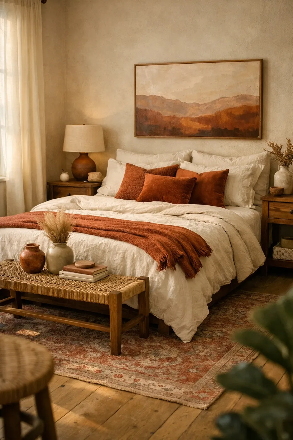 A warm bedroom with rust-colored accents, cream bedding, natural textures, and soft light.