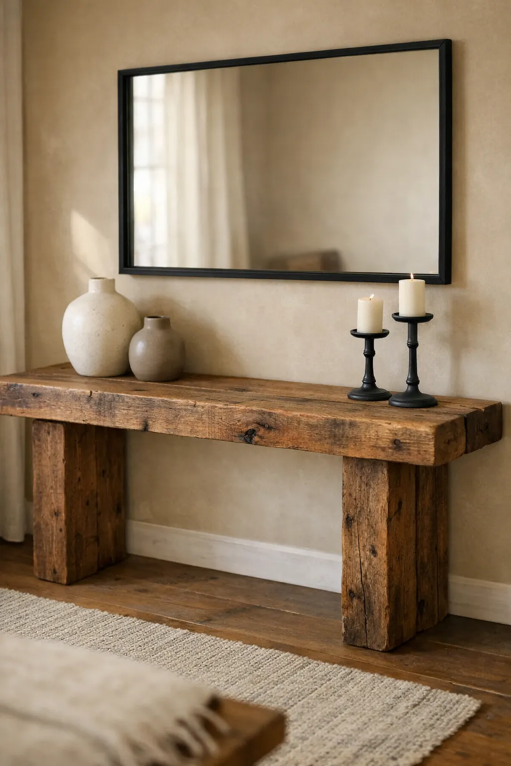 Reclaimed wood console table with black framed mirror and simple ceramic decor.