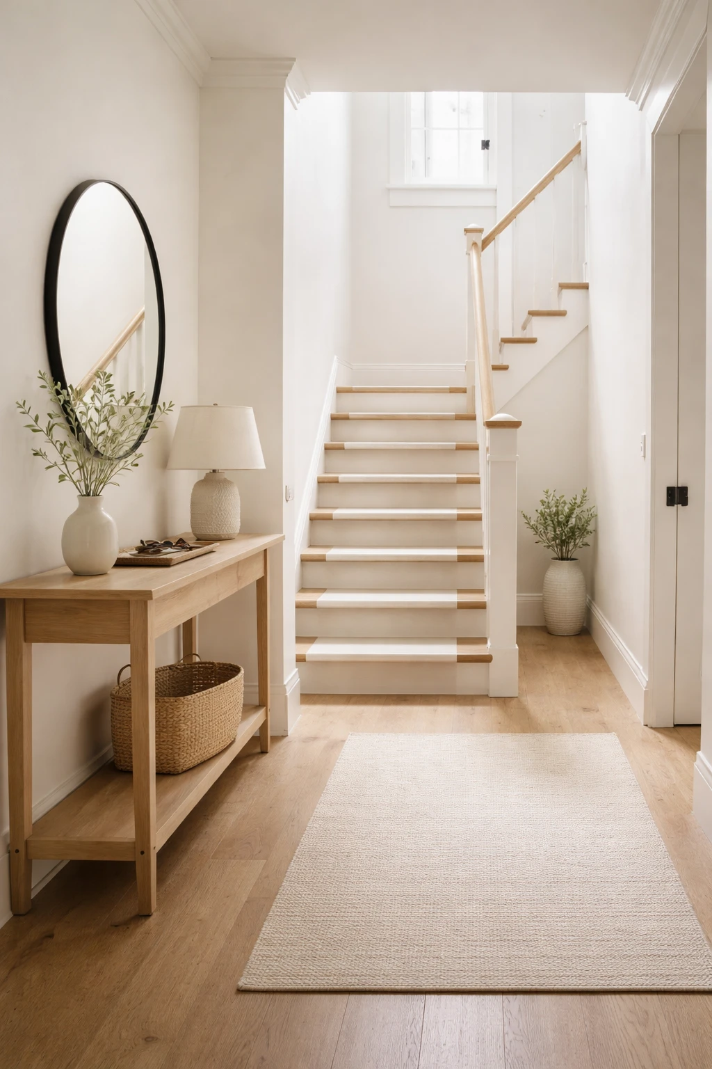 A narrow entry with stairs styled simply with a mirror, lamp, and minimal decor.