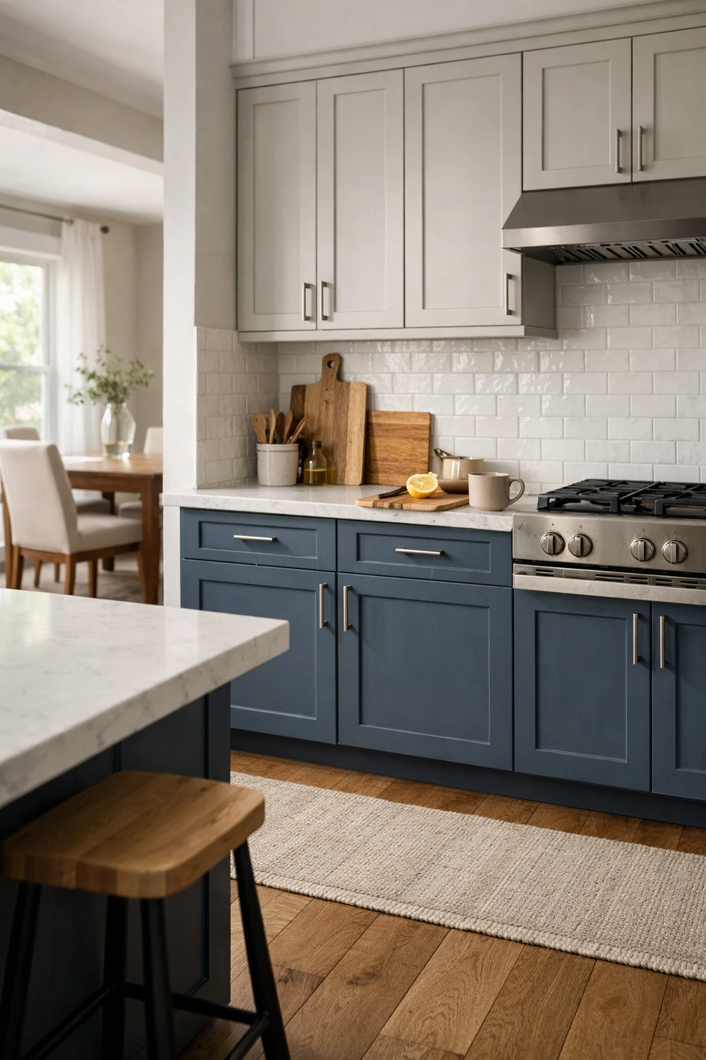 A tailored kitchen with slate blue lowers, pale gray uppers, textured white tile, and soft daylight.