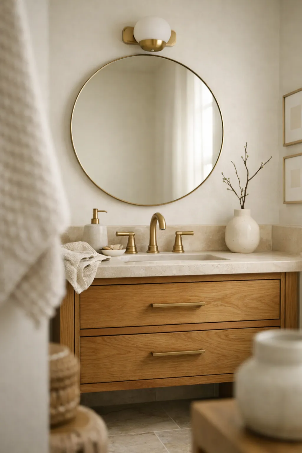 A small powder room with a tight neutral palette of warm white, oak, and soft brass tones.
